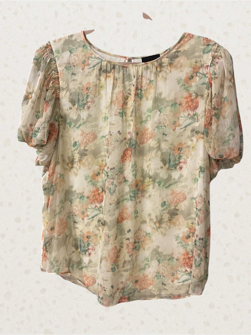 Alex Marie Cream Floral Puff-Sleeve Blouse with Peach & Green Accents